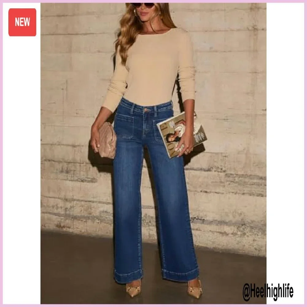 High Waisted Wide Leg Jeans Stretchy Denim Straight Leg Pants - Picture 5 of 6
